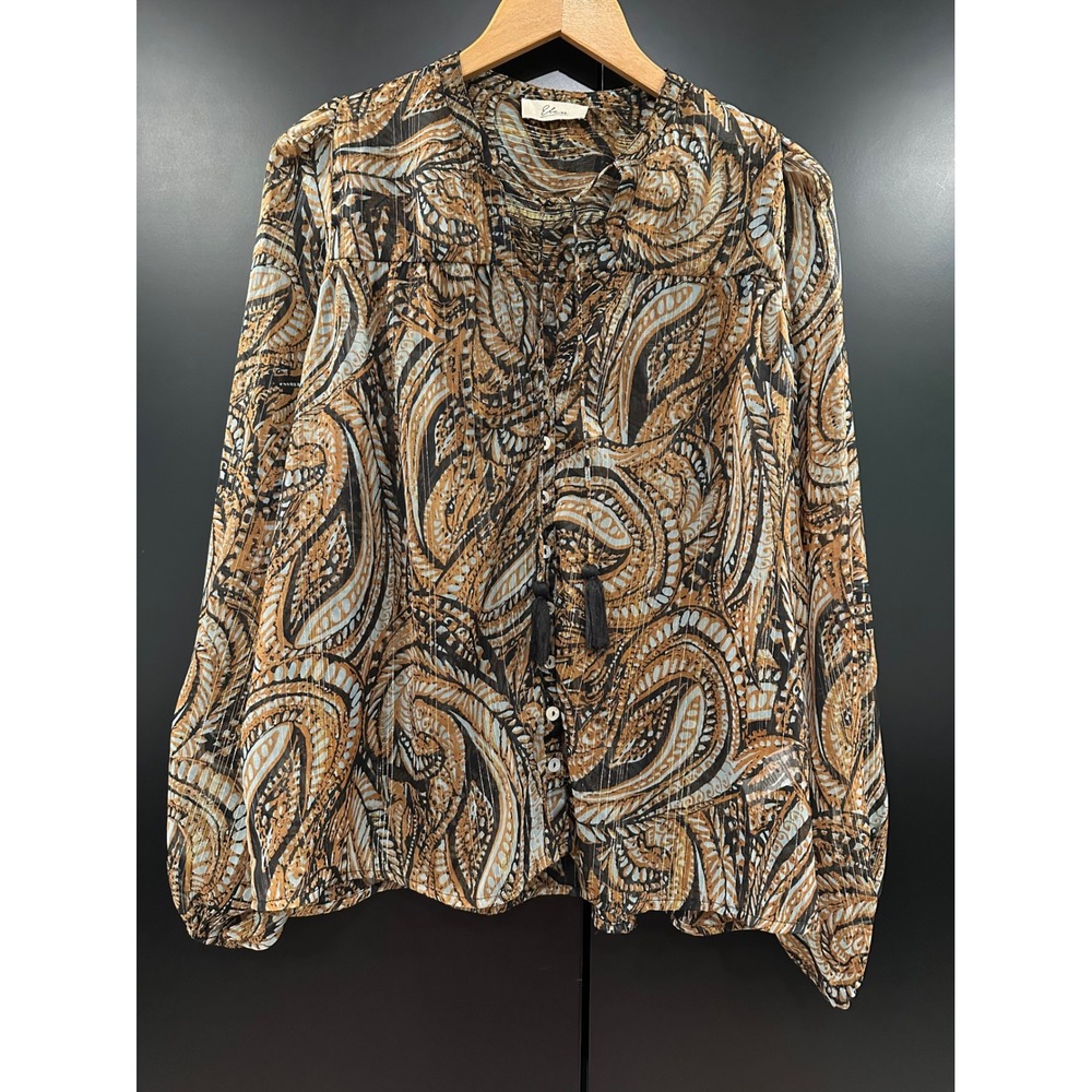 Elan Paisley Metallic Stripe Tassel Blouse Brown Black Medium Boho Top